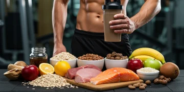 Athlete drinking protein shake after intense workout, surrounded by healthy post-workout meal ingredients.
