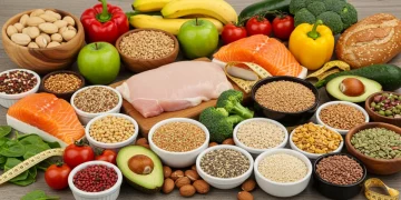 Colorful arrangement of fresh fruits, vegetables, and whole grains for a healthy diet.