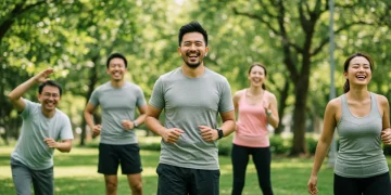 Diverse group engaging in preventative health activities outdoors