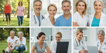 Adults over 40 proactively engaging in health and wellness activities, smiling and looking vibrant.