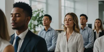 Professionals meditating in a modern office, practicing mindfulness