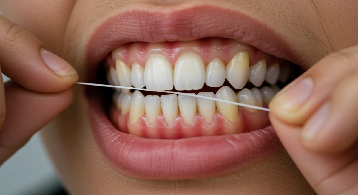 Person correctly flossing teeth to prevent plaque buildup and gum disease.