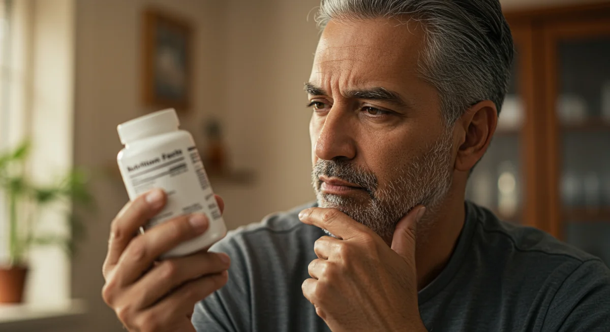 Close-up of a person reading a supplement label carefully to understand ingredients and dosage.