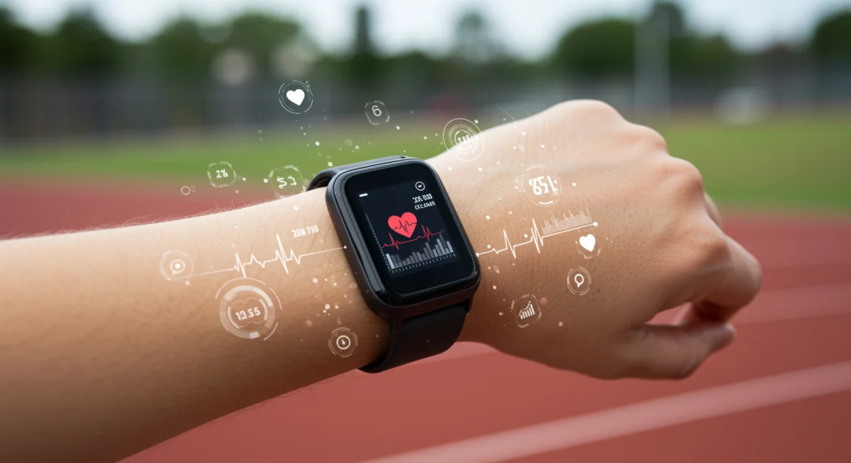 User wearing a fitness tracker displaying heart rate data during an exercise session.