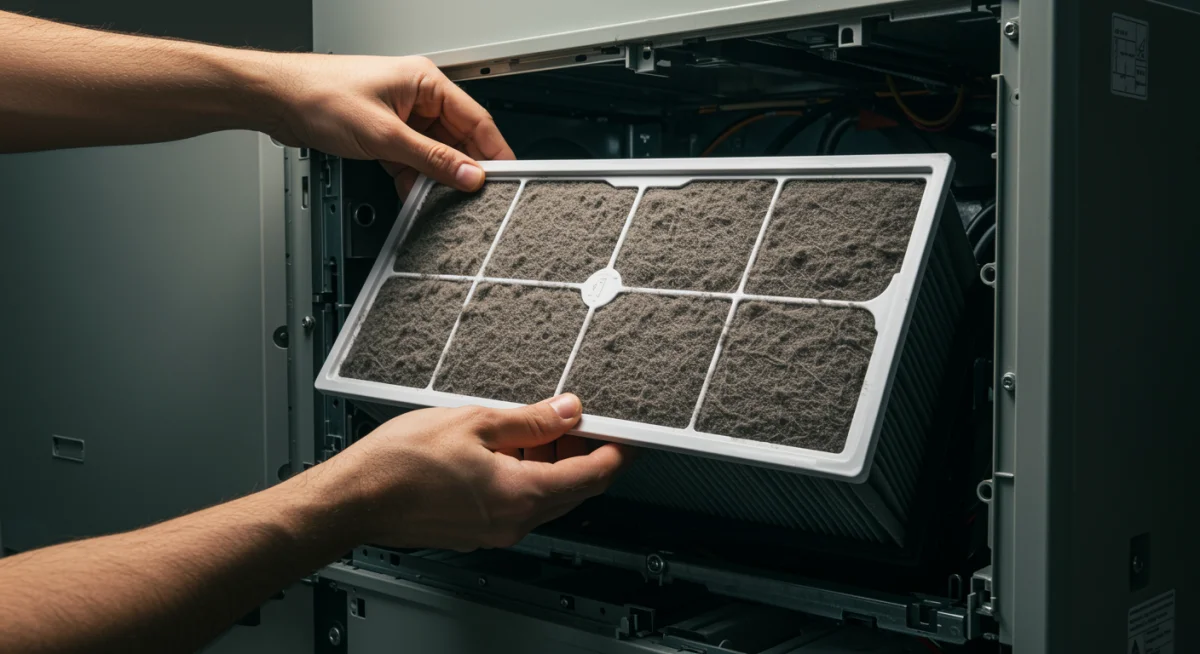 Hand replacing a dirty air filter in an HVAC unit, emphasizing air quality maintenance.