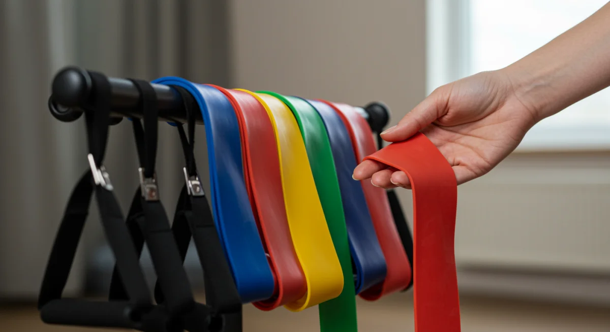 Colorful resistance bands on a rack with a hand selecting one.