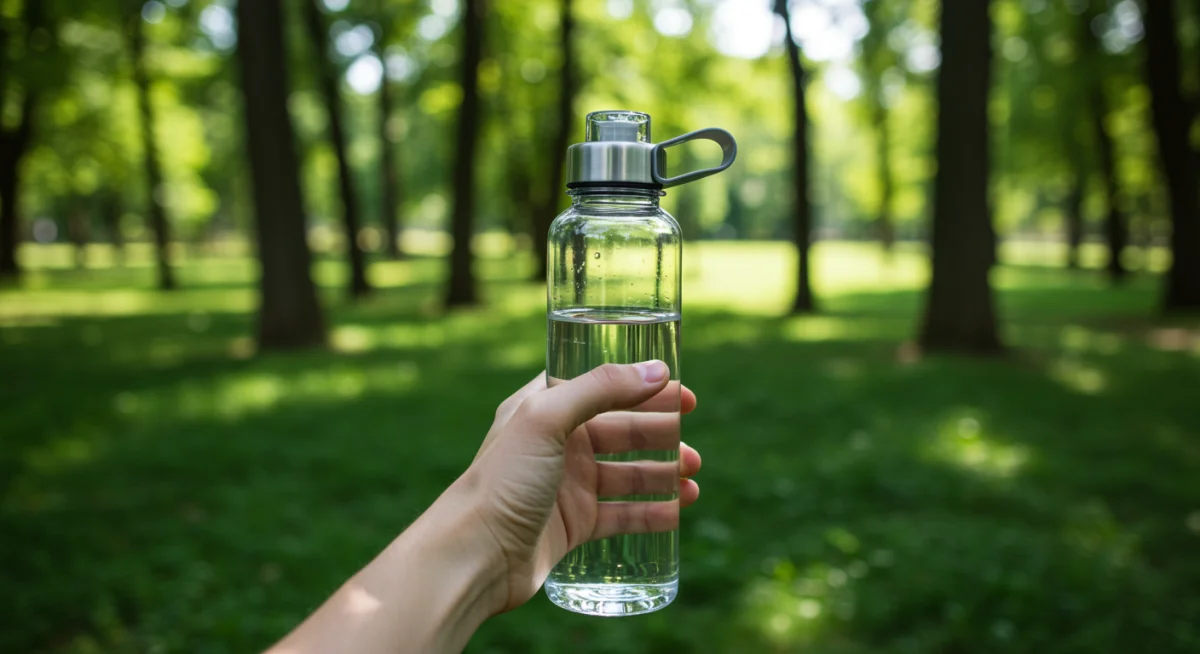 Person holding reusable water bottle walking in park