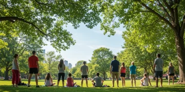 People safely enjoying sunlight in a park, promoting health and wellness