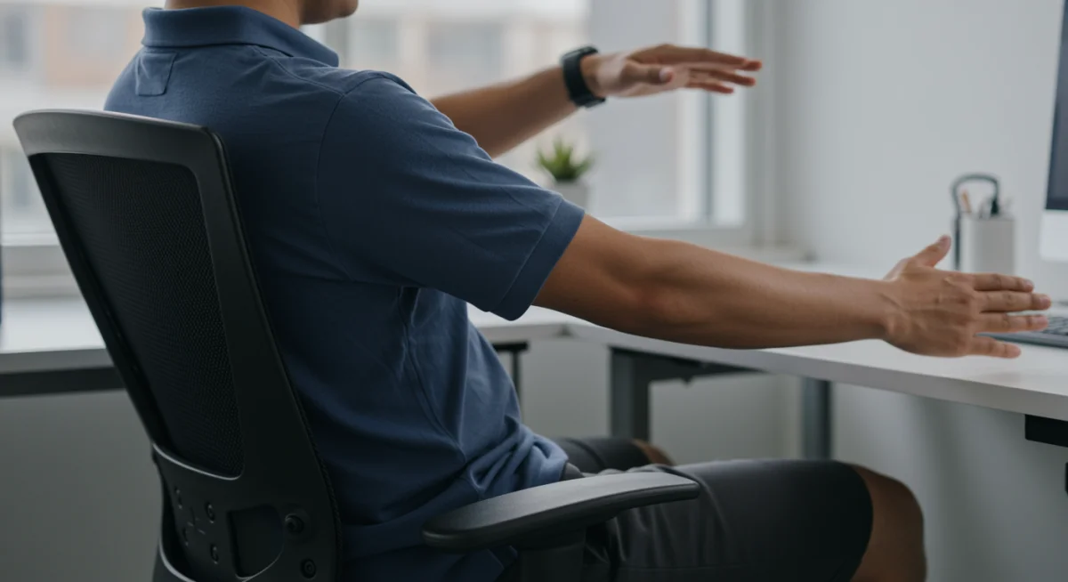 Office worker performing seated torso twist exercise