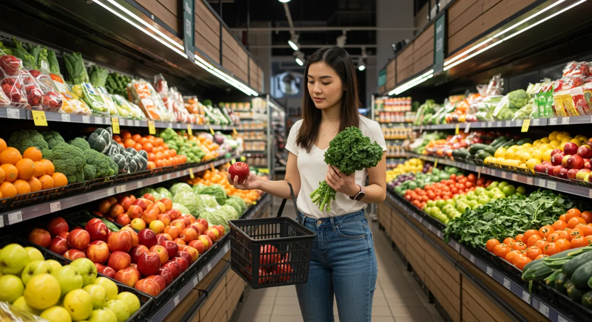 Person choosing fresh fruits and vegetables in a grocery store