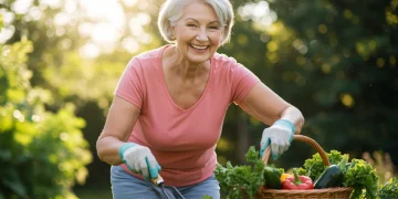 Senior woman gardening, strong bones, healthy lifestyle