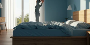 Serene bedroom with soft dawn light, symbolizing enhanced sleep quality and mental clarity.