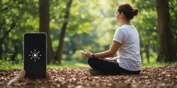 Serene person focusing in nature, digital detox enhancing mental clarity