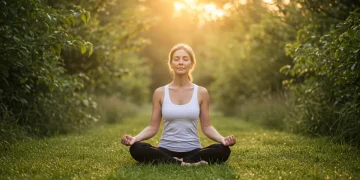 Serene person meditating outdoors at sunrise, embodying peace and focus