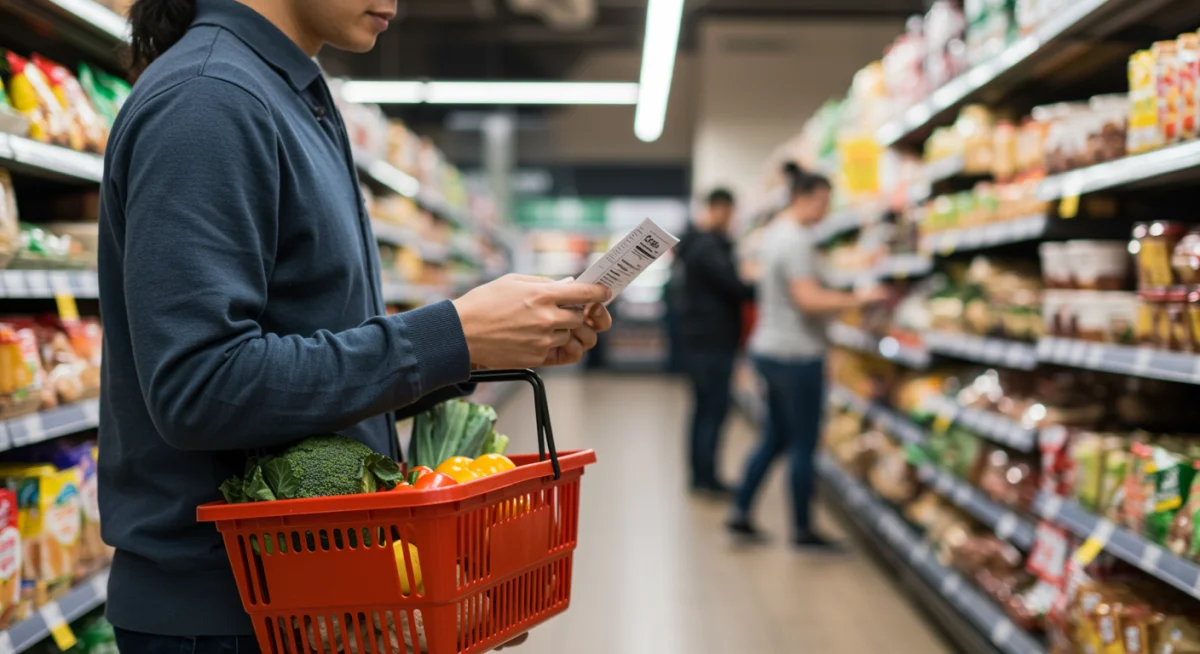 Shopper examining food label in supermarket aisle