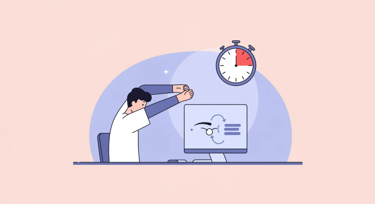 Person stretching during screen break, practicing 20-20-20 rule for eye health