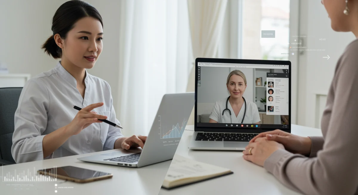 Therapist and patient engaged in a teletherapy session, with data visualization overlays