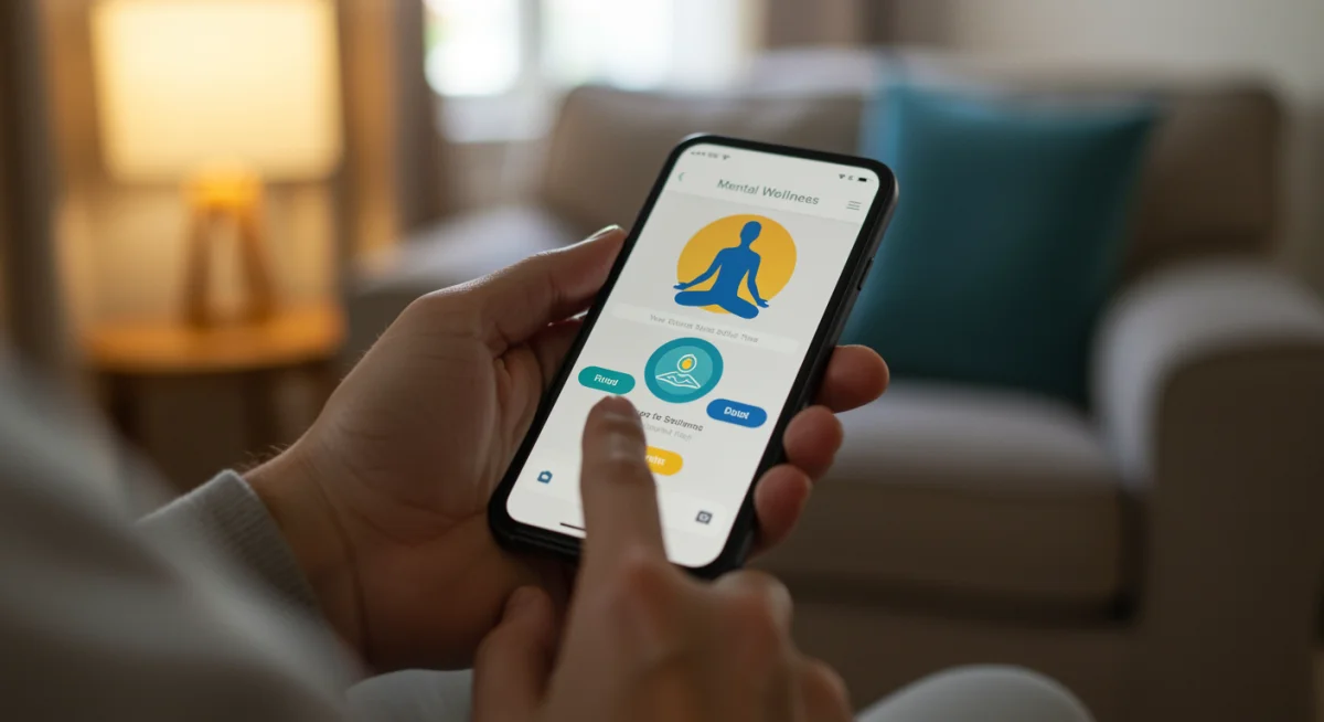 Person using a mental wellness app on a smartphone for guided meditation, emphasizing user experience.