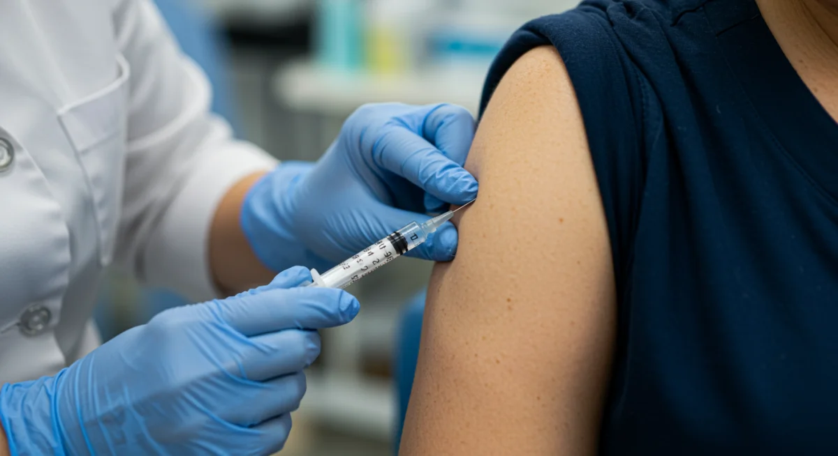 Healthcare professional administering vaccine to an adult arm, emphasizing routine immunization.