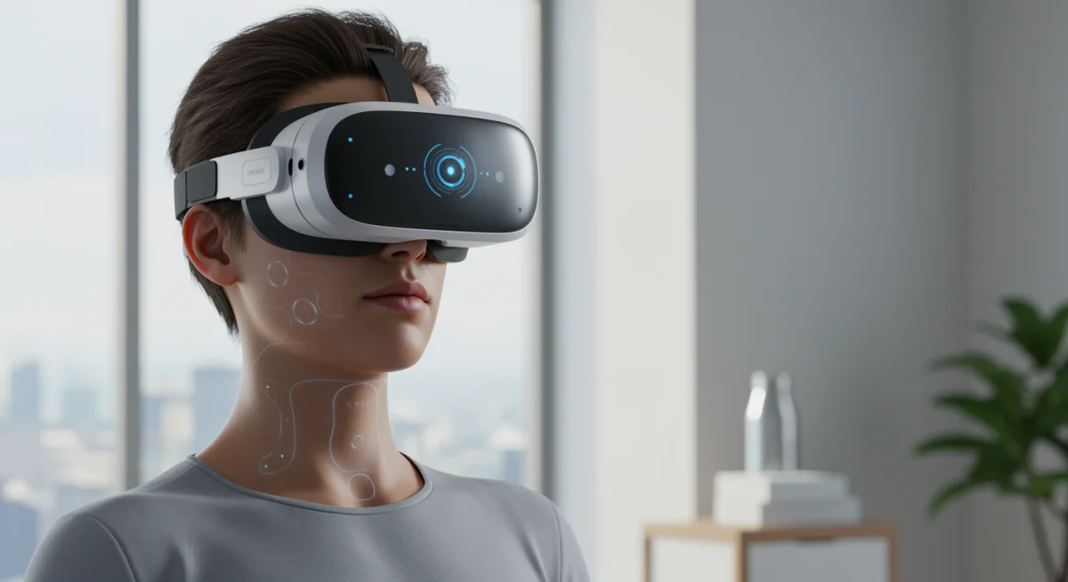 Individual using VR/AR glasses for immersive digital mental health therapy.