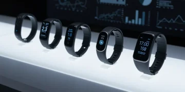 Four advanced wearable fitness trackers displayed on a futuristic surface, showcasing their design and digital interfaces.