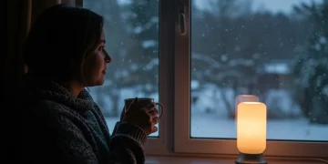 Woman finding solace with light therapy and warm drink during winter 2025 SAD